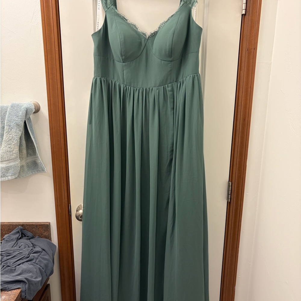 Azazie Sage Green Lace-Trim A-Line Bridal Gown